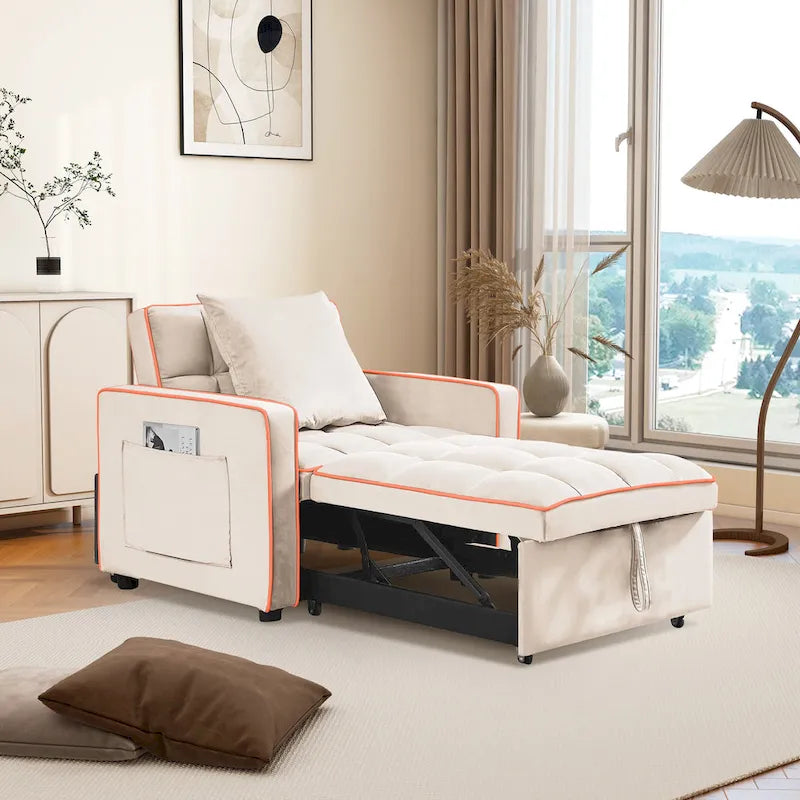 Fauteuil-lit simple convertible en velours avec dossier réglable et poche de rangement