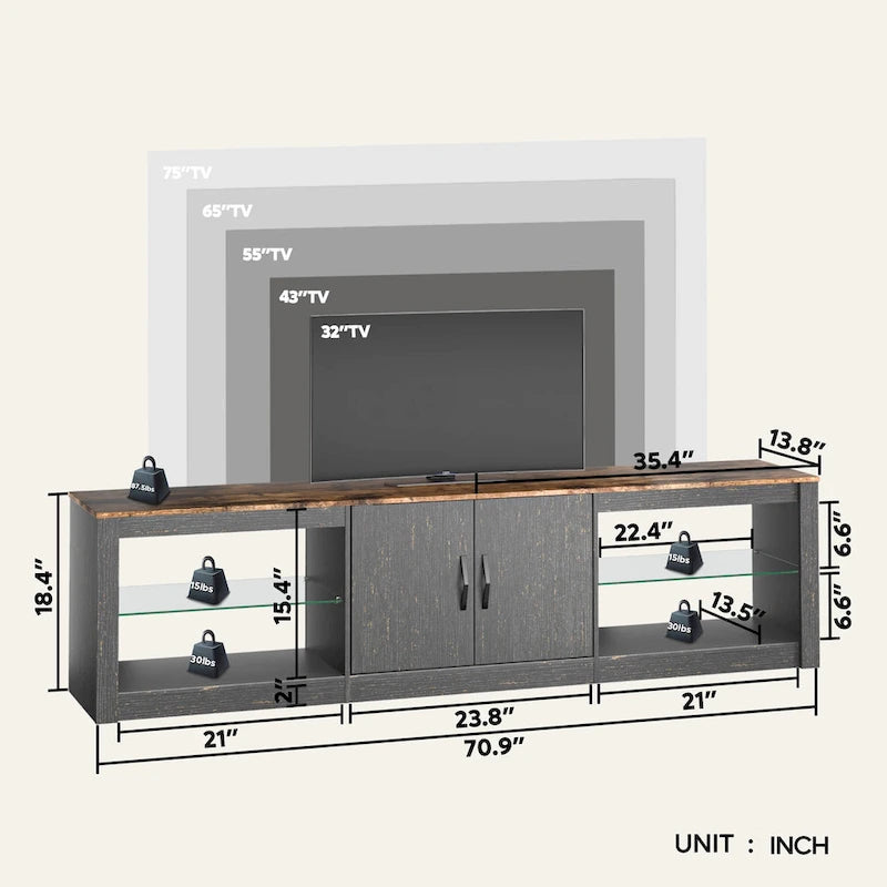 Meuble TV de 70 pouces avec centre de divertissement à lumière RGB 20 couleurs
