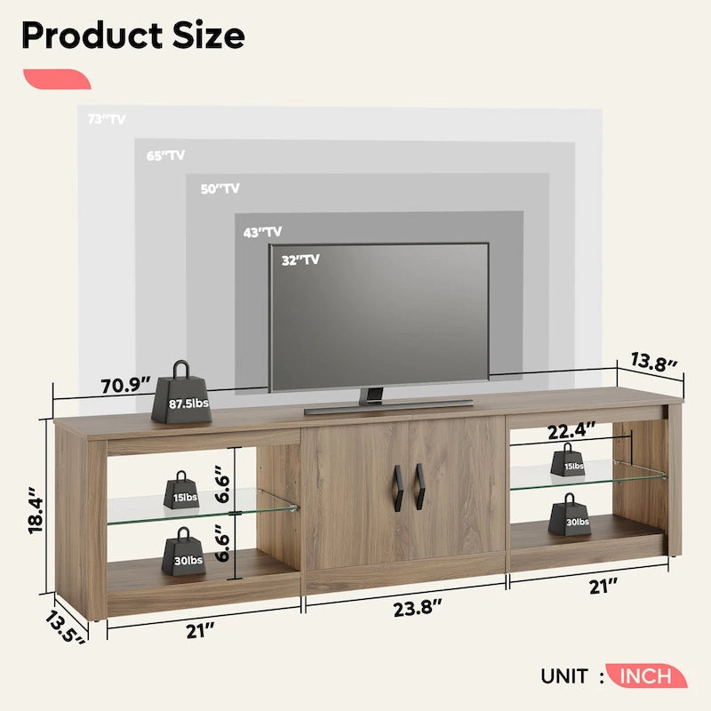 Meuble TV de 70 pouces avec centre de divertissement à lumière RGB 20 couleurs