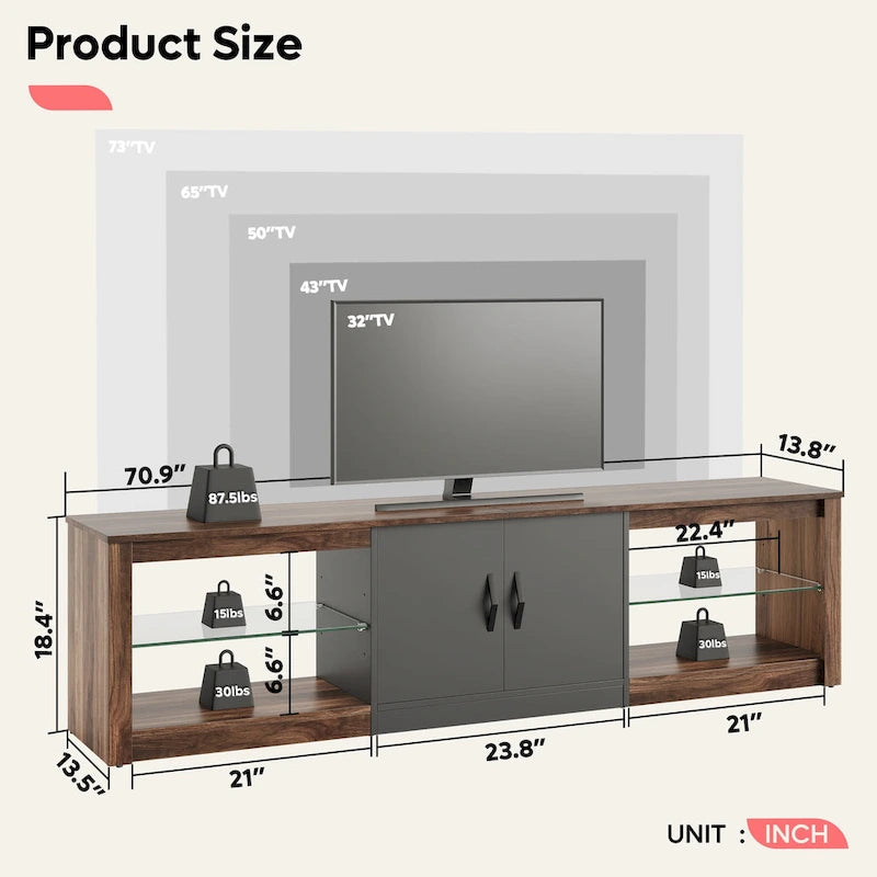 Meuble TV de 70 pouces avec centre de divertissement à lumière RGB 20 couleurs