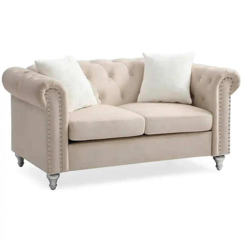 Canapé 2 places en velours de 60 po avec 2 coussins décoratifs – 60L x 34W x 30H