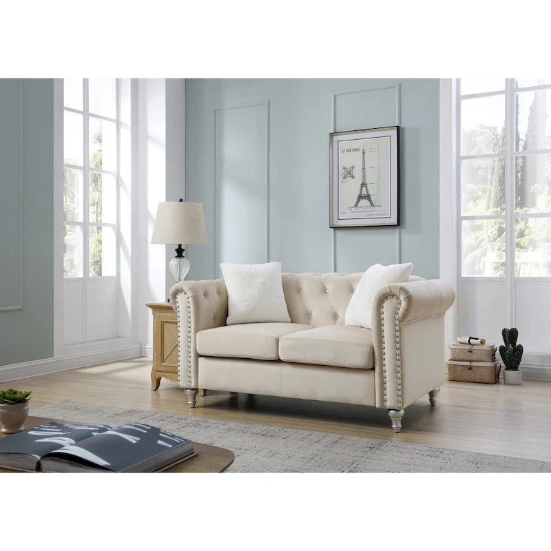 Canapé 2 places en velours de 60 po avec 2 coussins décoratifs – 60L x 34W x 30H