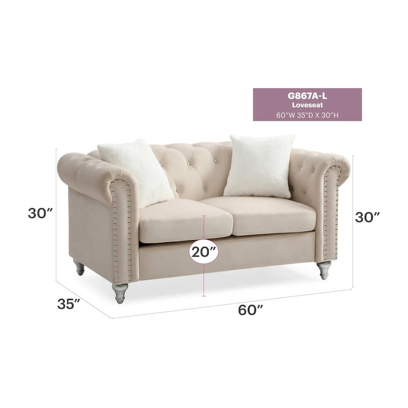 Canapé 2 places en velours de 60 po avec 2 coussins décoratifs – 60L x 34W x 30H