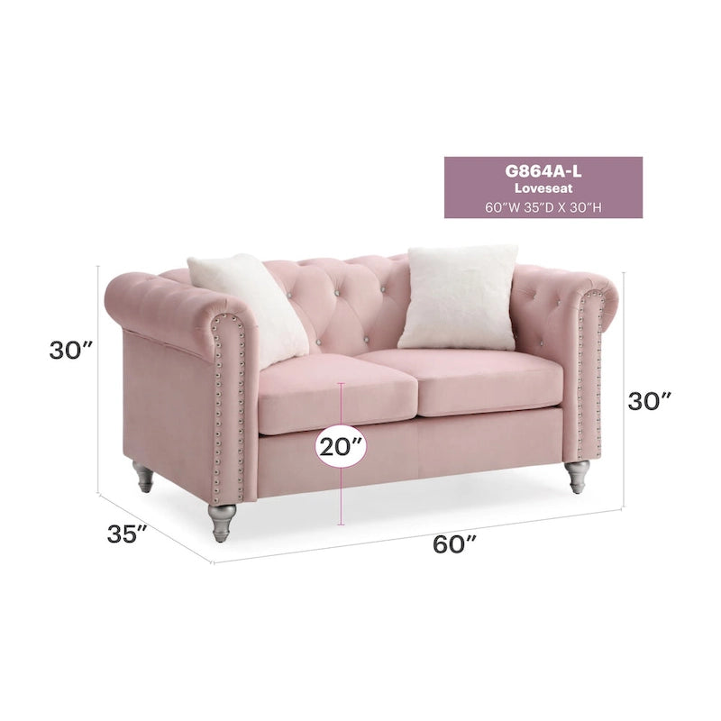 Canapé 2 places en velours de 60 po avec 2 coussins décoratifs – 60L x 34W x 30H