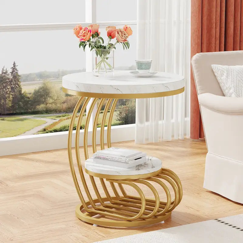 Table d'appoint ronde dorée, table d'appoint à 2 niveaux avec plateau en faux marbre blanc