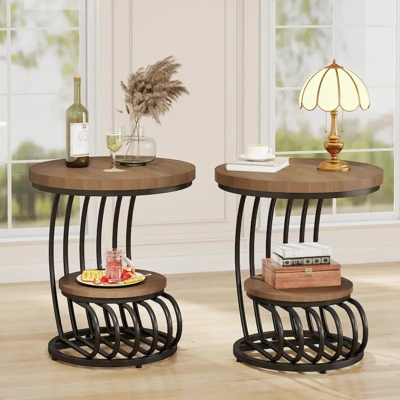 Table d'appoint ronde dorée, table d'appoint à 2 niveaux avec plateau en faux marbre blanc