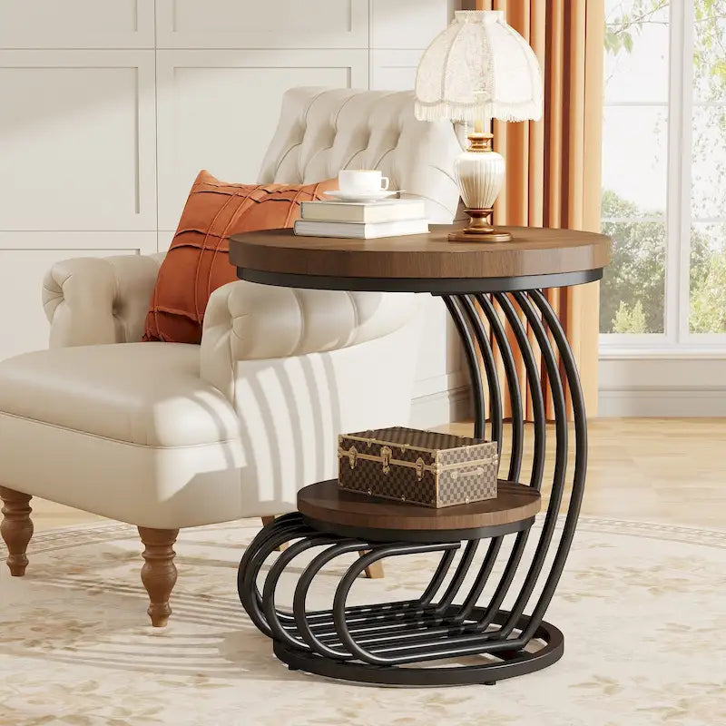 Table d'appoint ronde dorée, table d'appoint à 2 niveaux avec plateau en faux marbre blanc