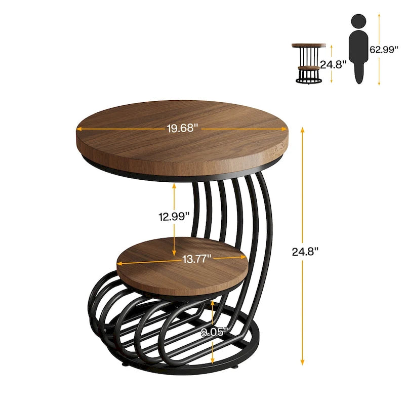 Table d'appoint ronde dorée, table d'appoint à 2 niveaux avec plateau en faux marbre blanc