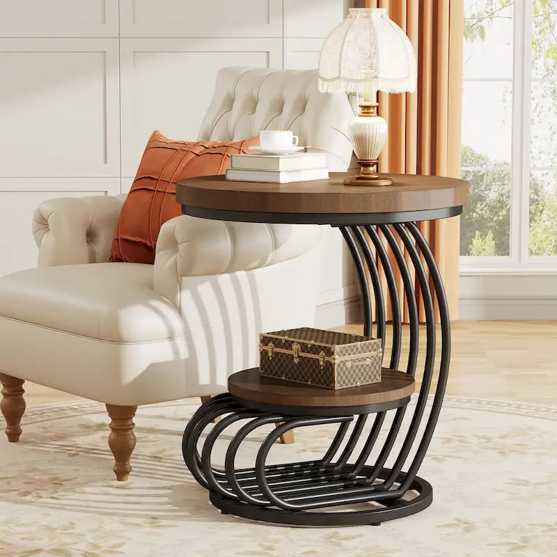 Table d'appoint ronde dorée, table d'appoint à 2 niveaux avec plateau en faux marbre blanc