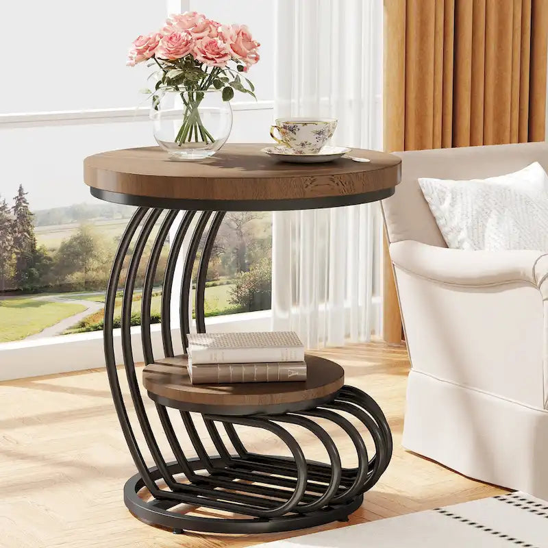 Table d'appoint ronde dorée, table d'appoint à 2 niveaux avec plateau en faux marbre blanc