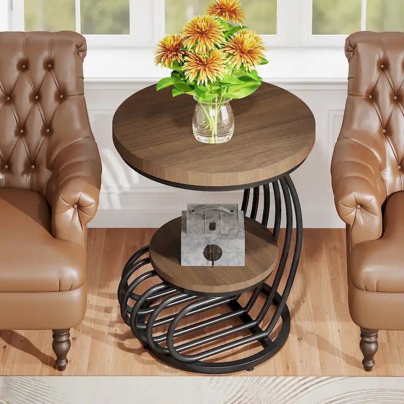 Table d'appoint ronde dorée, table d'appoint à 2 niveaux avec plateau en faux marbre blanc