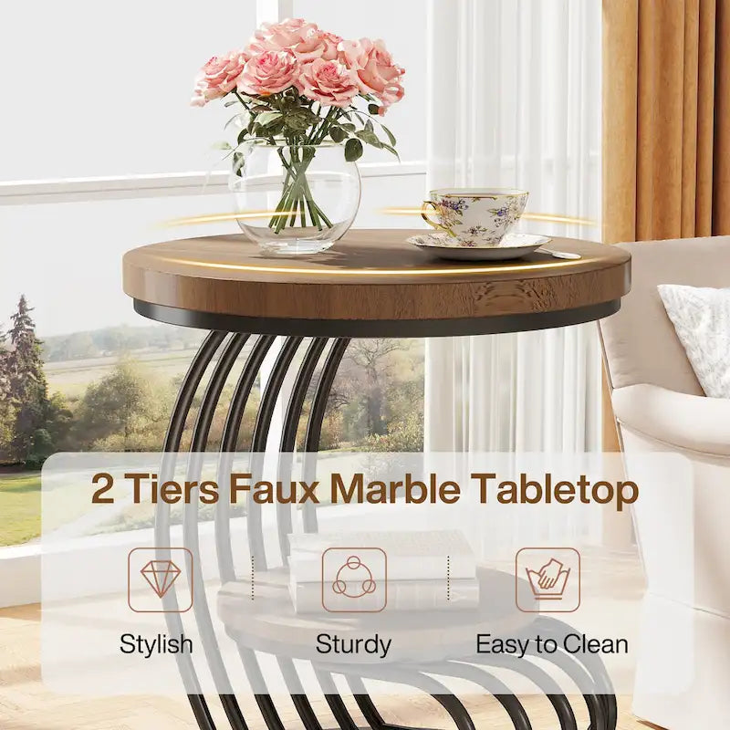 Table d'appoint ronde dorée, table d'appoint à 2 niveaux avec plateau en faux marbre blanc
