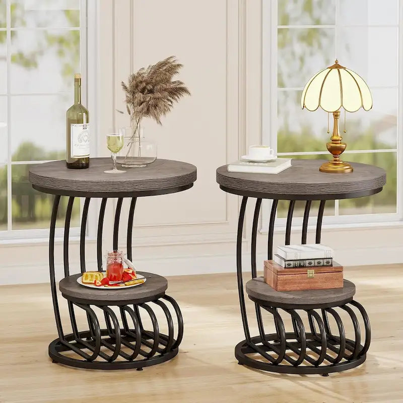 Table d'appoint ronde dorée, table d'appoint à 2 niveaux avec plateau en faux marbre blanc