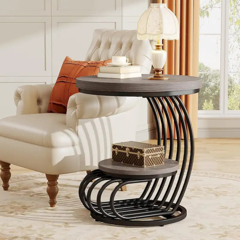 Table d'appoint ronde dorée, table d'appoint à 2 niveaux avec plateau en faux marbre blanc