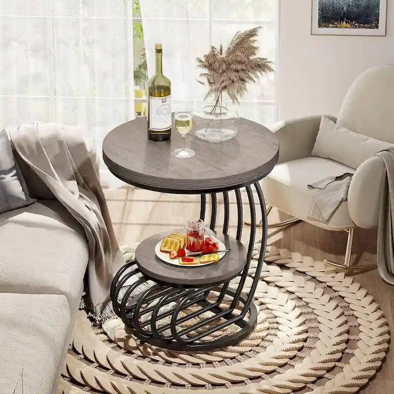 Table d'appoint ronde dorée, table d'appoint à 2 niveaux avec plateau en faux marbre blanc