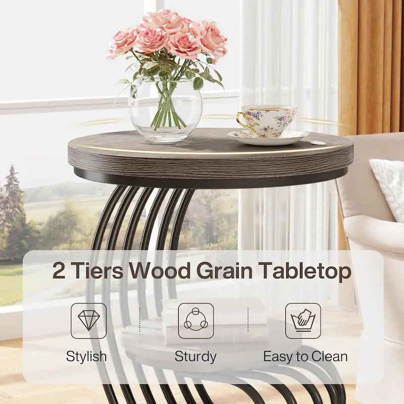Table d'appoint ronde dorée, table d'appoint à 2 niveaux avec plateau en faux marbre blanc