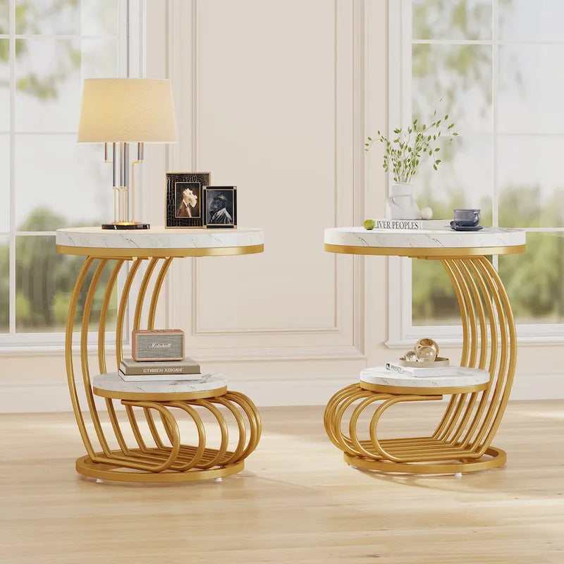 Table d'appoint ronde dorée, table d'appoint à 2 niveaux avec plateau en faux marbre blanc