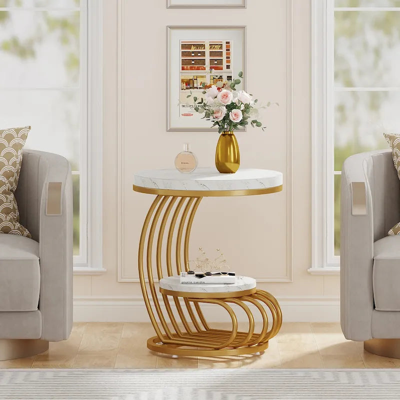 Table d'appoint ronde dorée, table d'appoint à 2 niveaux avec plateau en faux marbre blanc