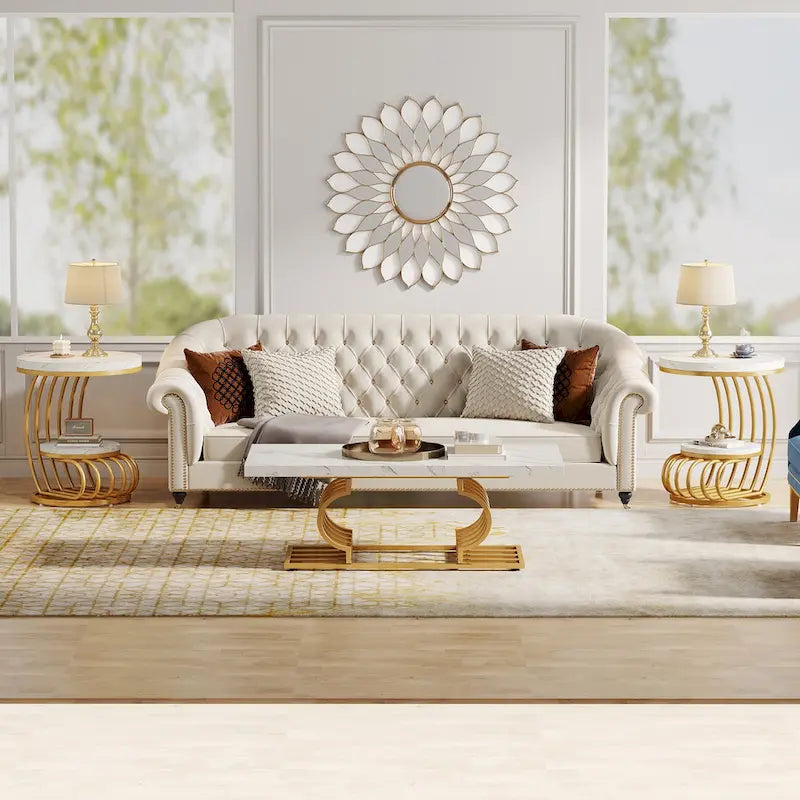 Table d'appoint ronde dorée, table d'appoint à 2 niveaux avec plateau en faux marbre blanc