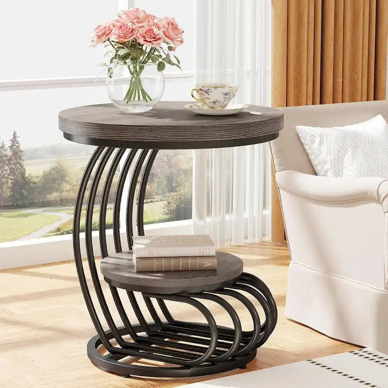 Table d'appoint ronde dorée, table d'appoint à 2 niveaux avec plateau en faux marbre blanc