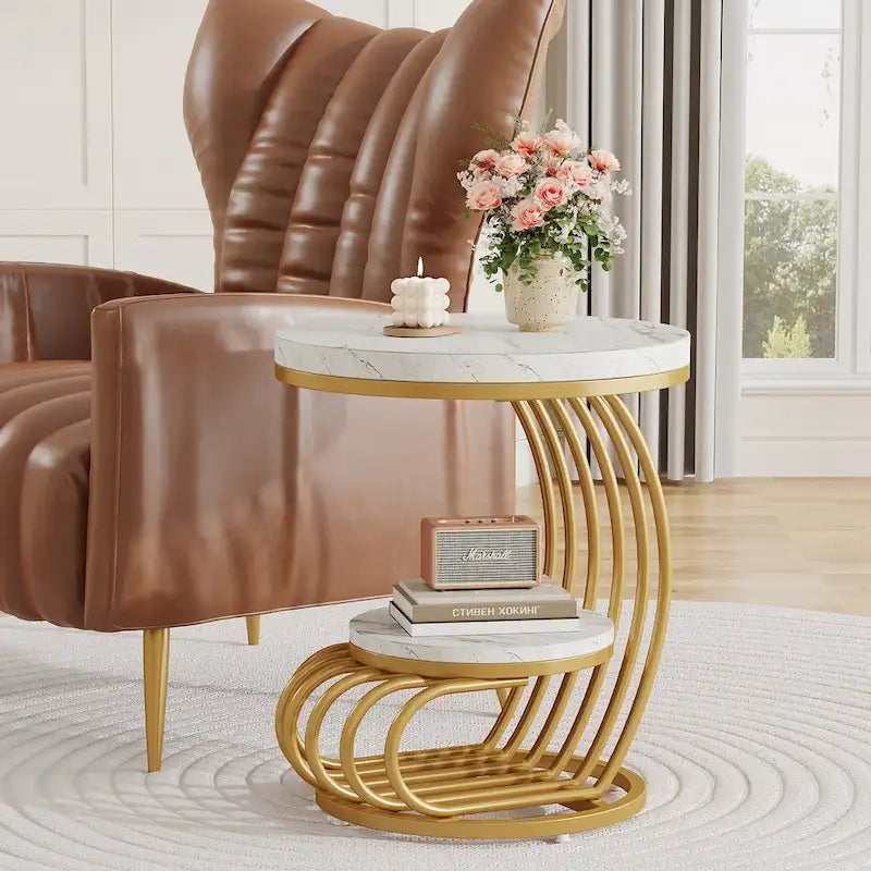 Table d'appoint ronde dorée, table d'appoint à 2 niveaux avec plateau en faux marbre blanc
