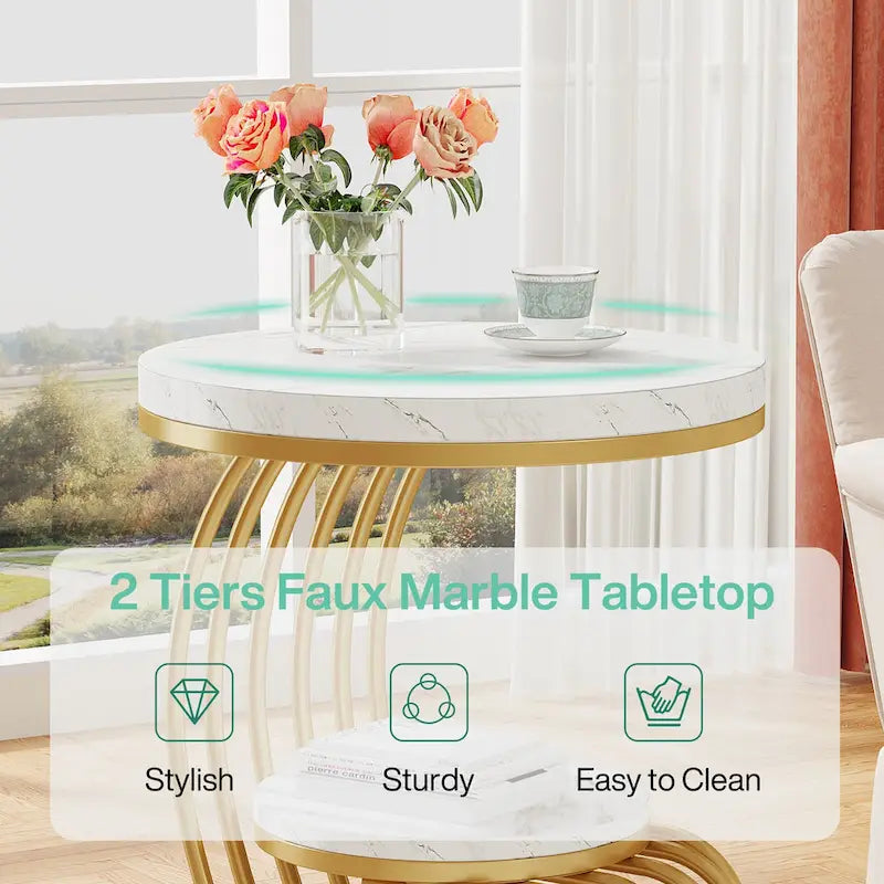 Table d'appoint ronde dorée, table d'appoint à 2 niveaux avec plateau en faux marbre blanc