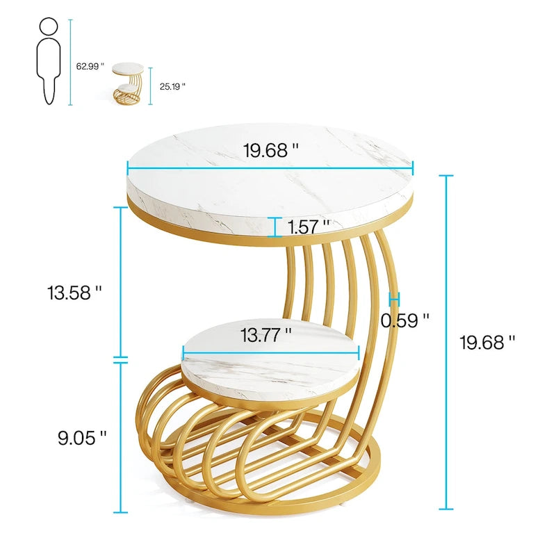Table d'appoint ronde dorée, table d'appoint à 2 niveaux avec plateau en faux marbre blanc