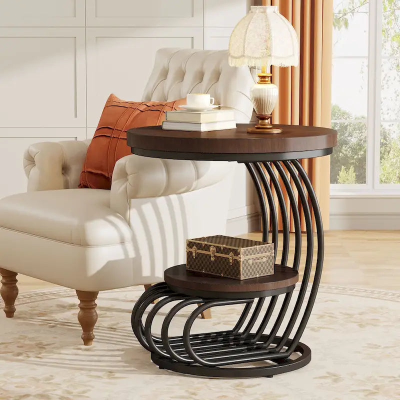 Table d'appoint ronde dorée, table d'appoint à 2 niveaux avec plateau en faux marbre blanc