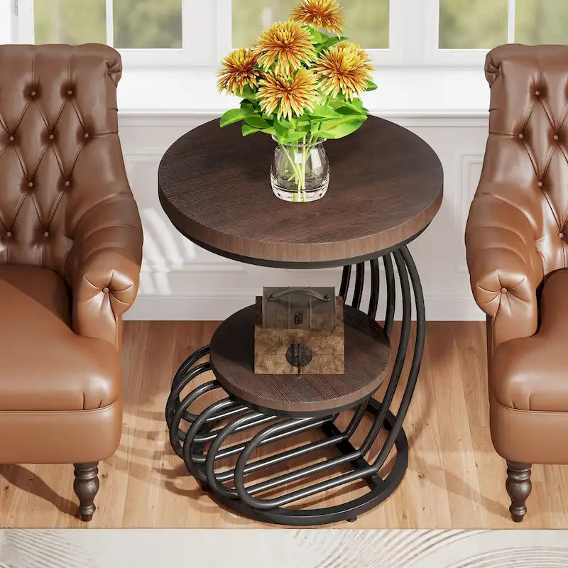 Table d'appoint ronde dorée, table d'appoint à 2 niveaux avec plateau en faux marbre blanc