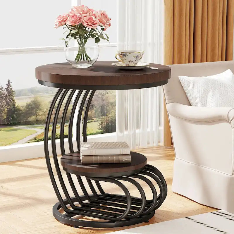 Table d'appoint ronde dorée, table d'appoint à 2 niveaux avec plateau en faux marbre blanc