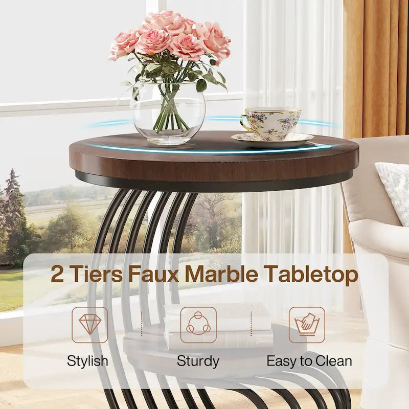 Table d'appoint ronde dorée, table d'appoint à 2 niveaux avec plateau en faux marbre blanc