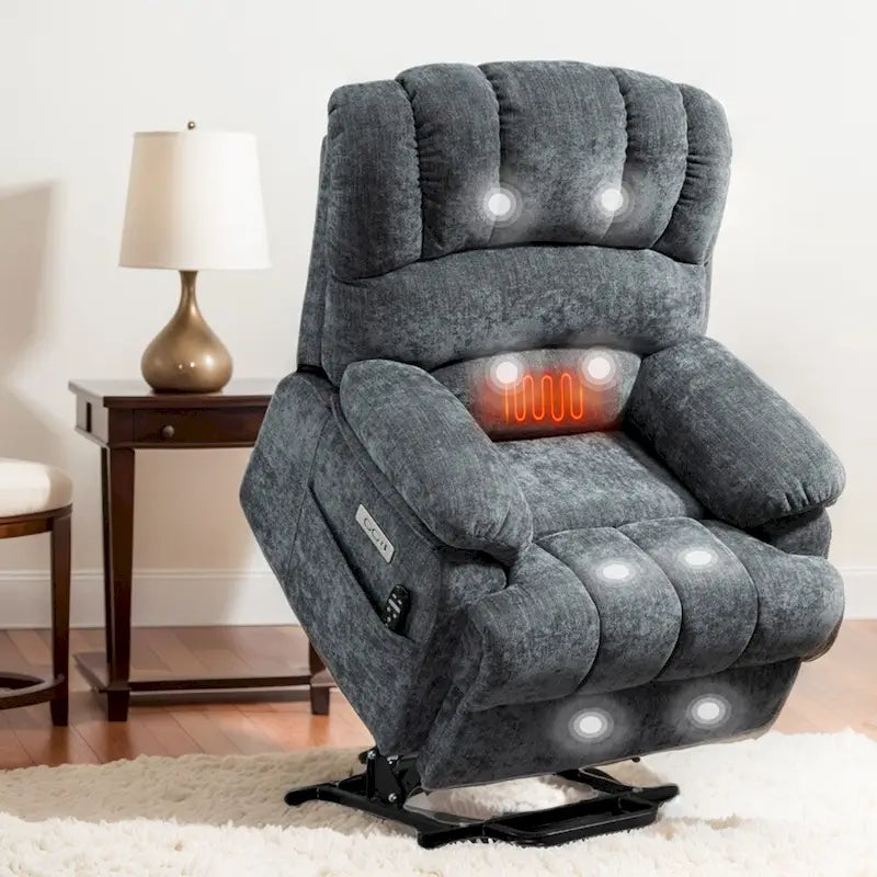 Fauteuil inclinable électrique grand format en chenille avec massage, chauffage, port USB et poches.