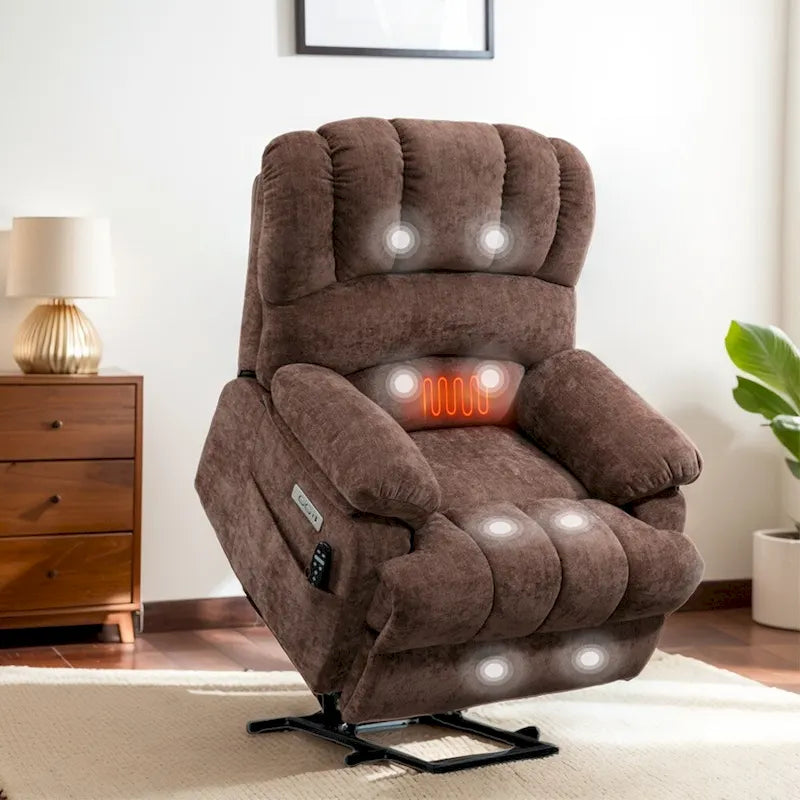 Fauteuil inclinable électrique grand format en chenille avec massage, chauffage, port USB et poches.