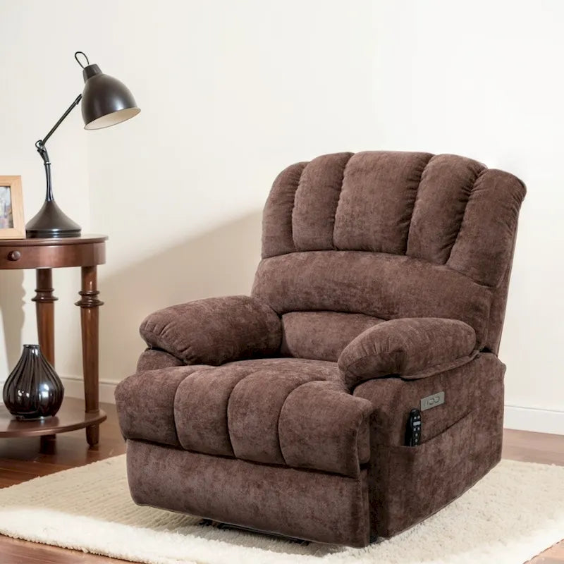 Fauteuil inclinable électrique grand format en chenille avec massage, chauffage, port USB et poches.