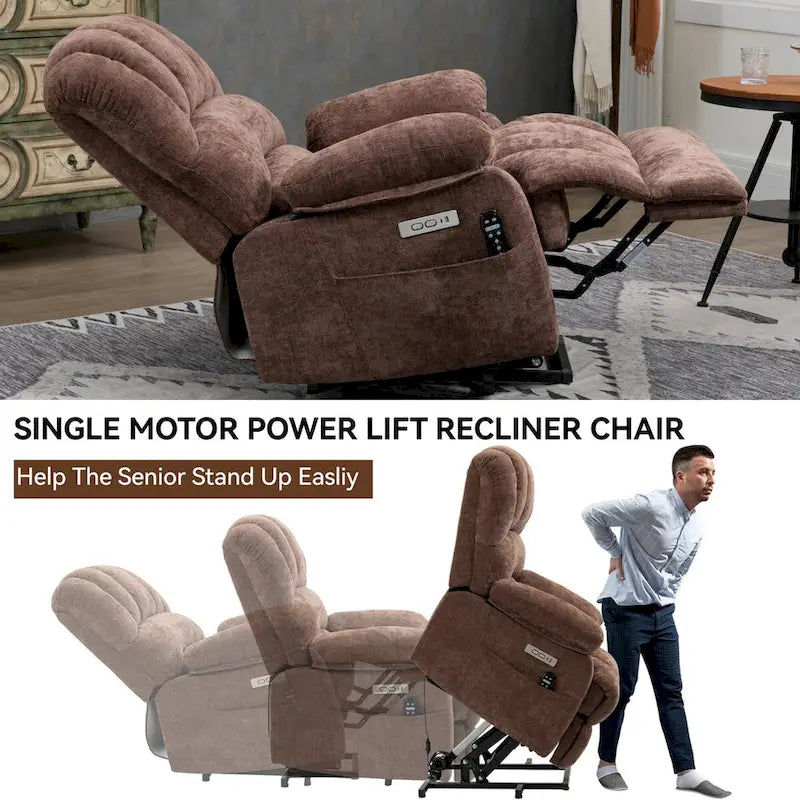 Fauteuil inclinable électrique grand format en chenille avec massage, chauffage, port USB et poches.