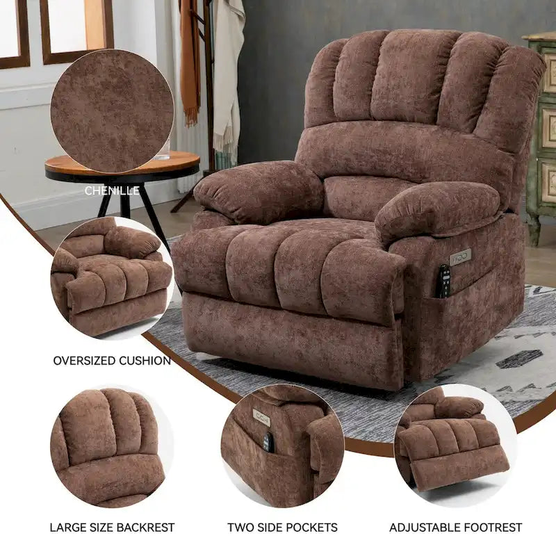 Fauteuil inclinable électrique grand format en chenille avec massage, chauffage, port USB et poches.