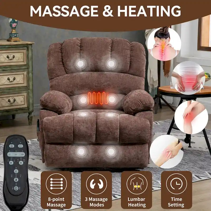 Fauteuil inclinable électrique grand format en chenille avec massage, chauffage, port USB et poches.