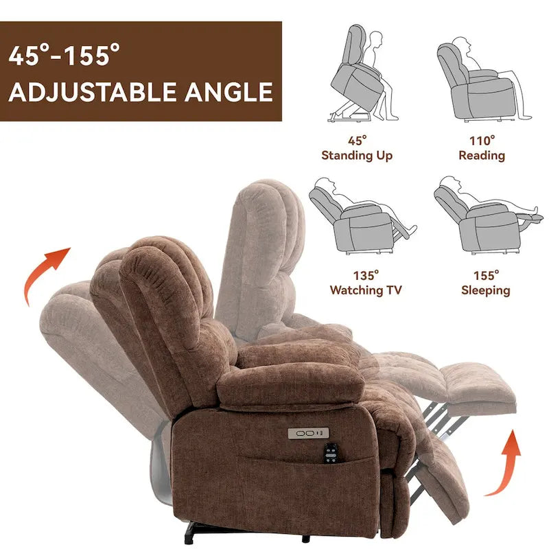 Fauteuil inclinable électrique grand format en chenille avec massage, chauffage, port USB et poches.
