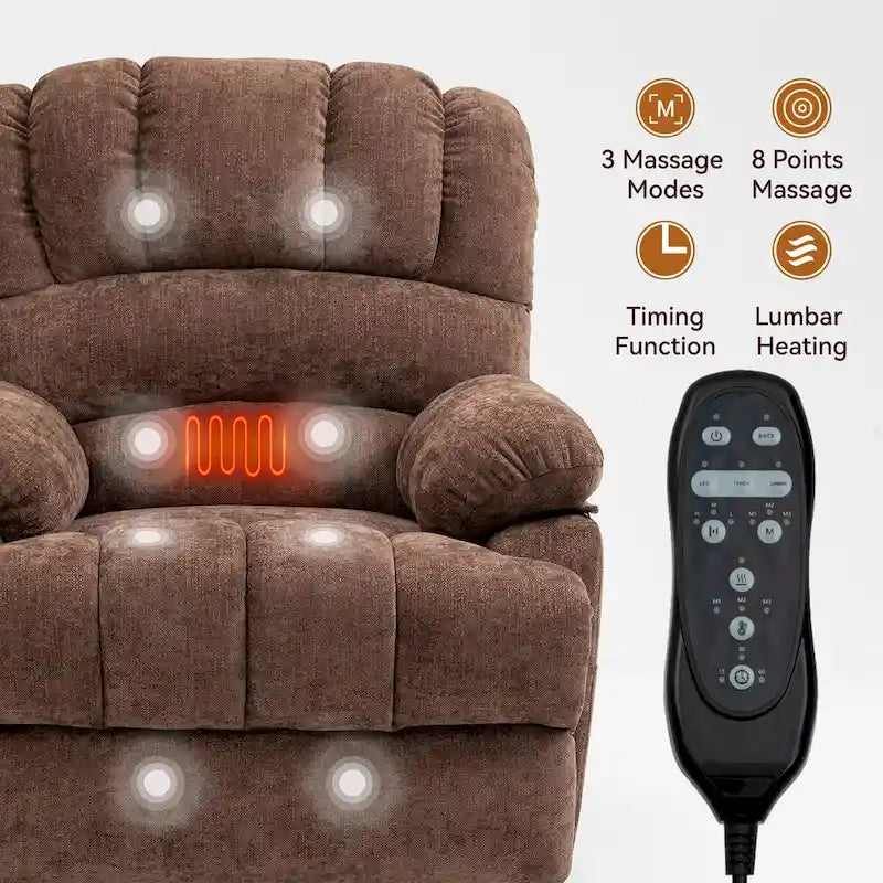 Fauteuil inclinable électrique grand format en chenille avec massage, chauffage, port USB et poches.