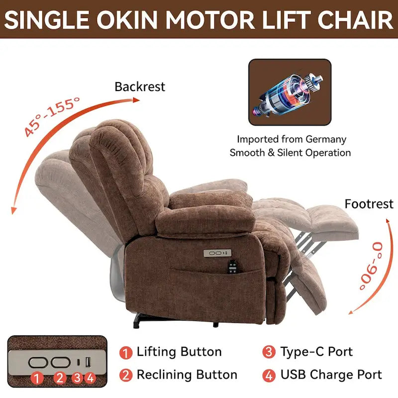 Fauteuil inclinable électrique grand format en chenille avec massage, chauffage, port USB et poches.