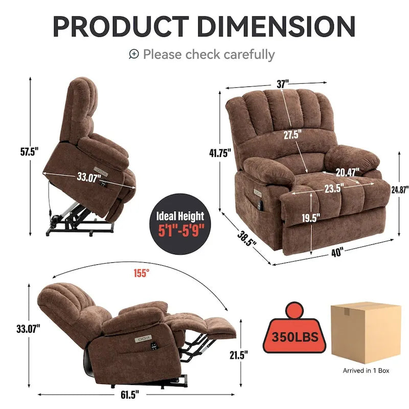 Fauteuil inclinable électrique grand format en chenille avec massage, chauffage, port USB et poches.