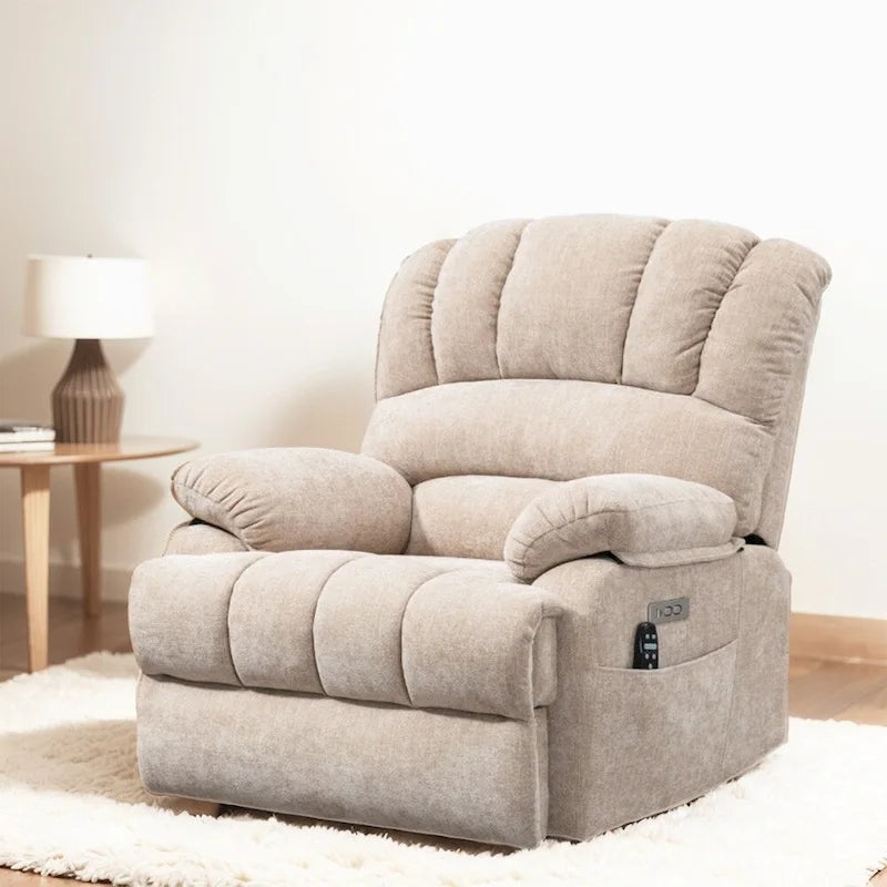 Fauteuil inclinable électrique grand format en chenille avec massage, chauffage, port USB et poches.