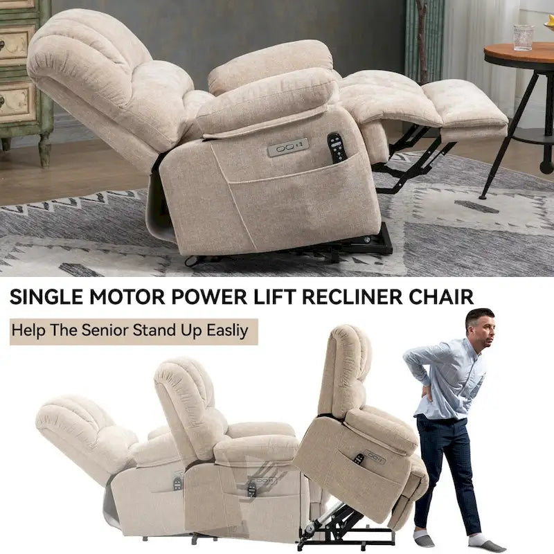 Fauteuil inclinable électrique grand format en chenille avec massage, chauffage, port USB et poches.