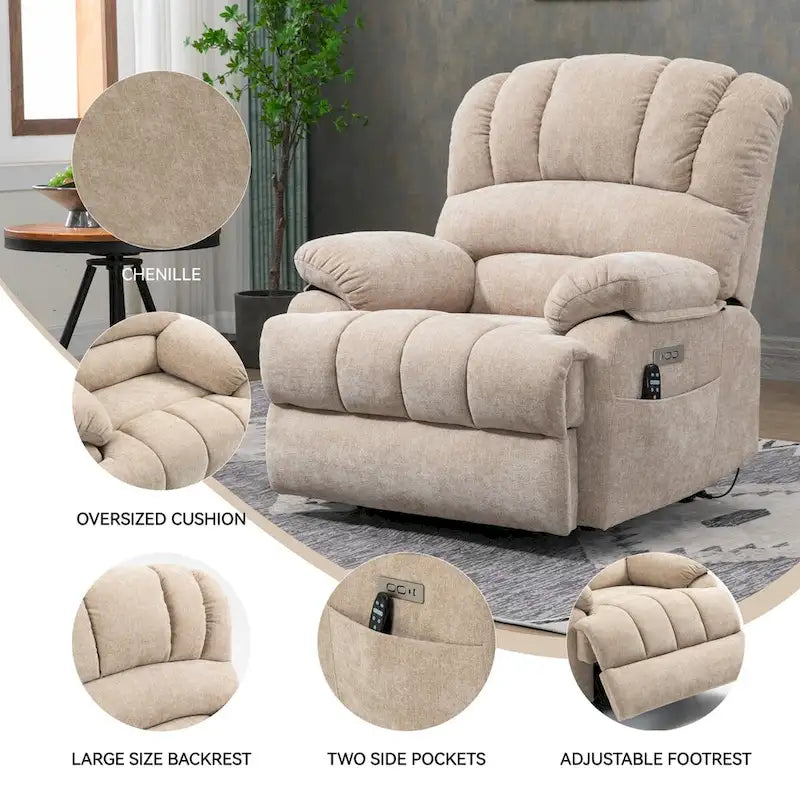 Fauteuil inclinable électrique grand format en chenille avec massage, chauffage, port USB et poches.