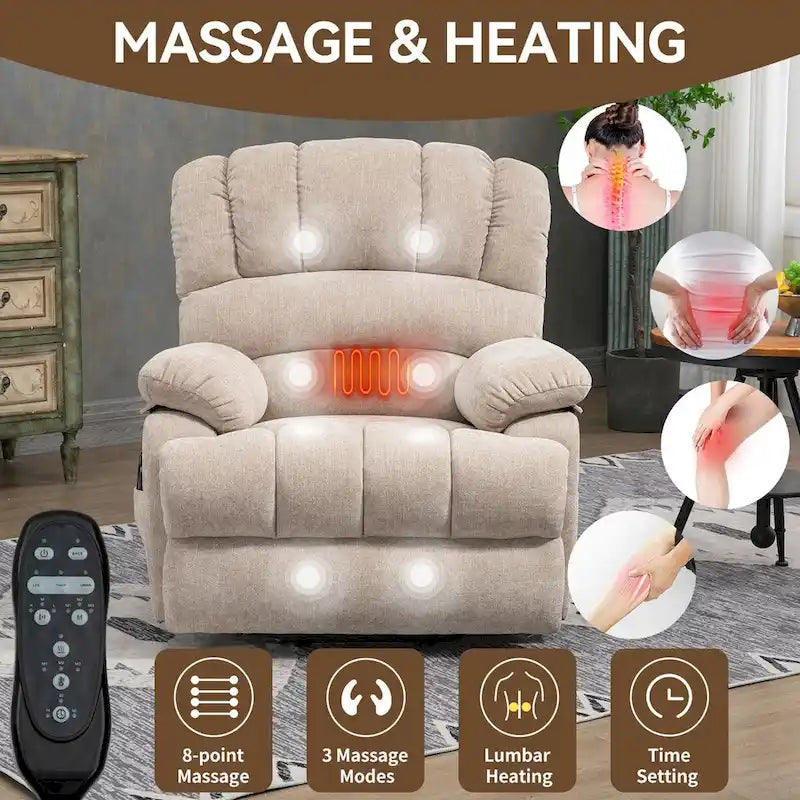 Fauteuil inclinable électrique grand format en chenille avec massage, chauffage, port USB et poches.