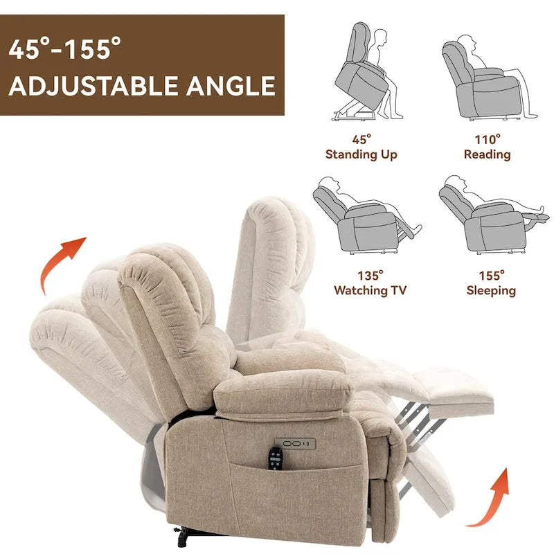 Fauteuil inclinable électrique grand format en chenille avec massage, chauffage, port USB et poches.
