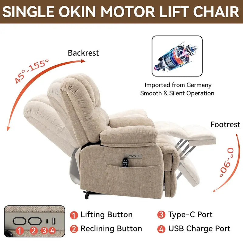 Fauteuil inclinable électrique grand format en chenille avec massage, chauffage, port USB et poches.