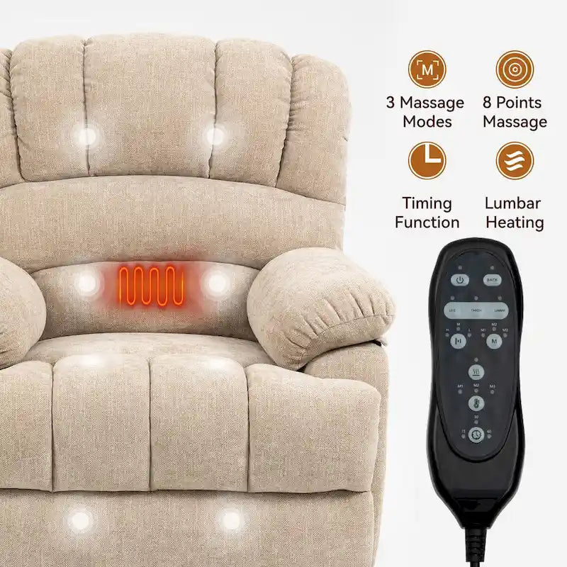 Fauteuil inclinable électrique grand format en chenille avec massage, chauffage, port USB et poches.