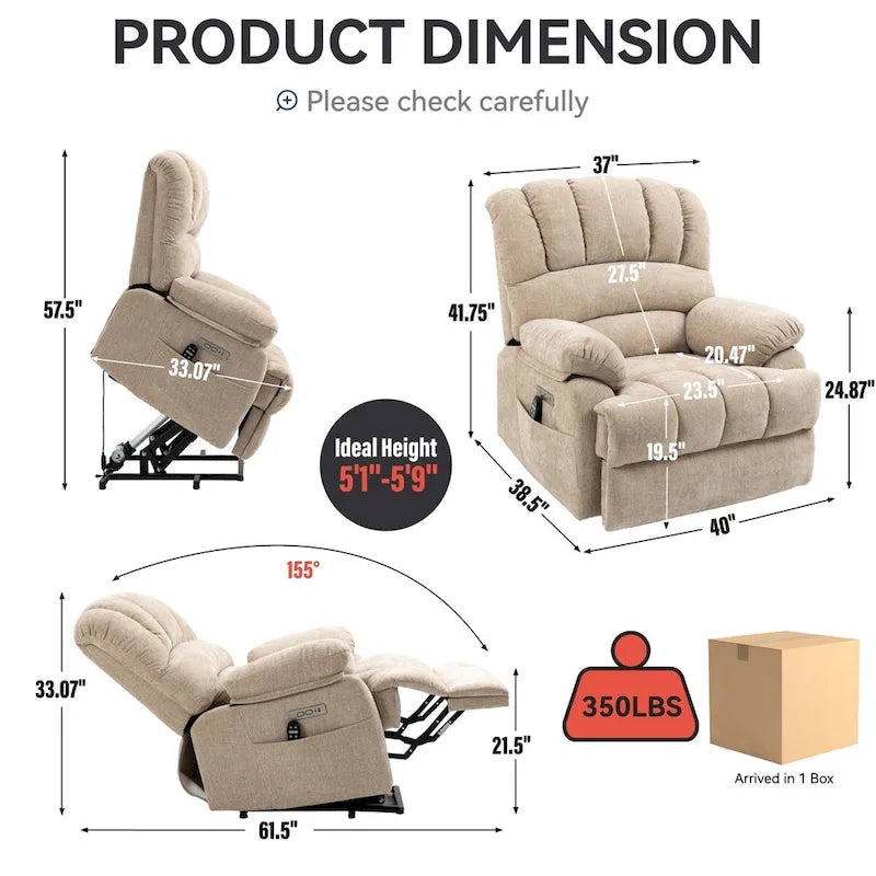 Fauteuil inclinable électrique grand format en chenille avec massage, chauffage, port USB et poches.
