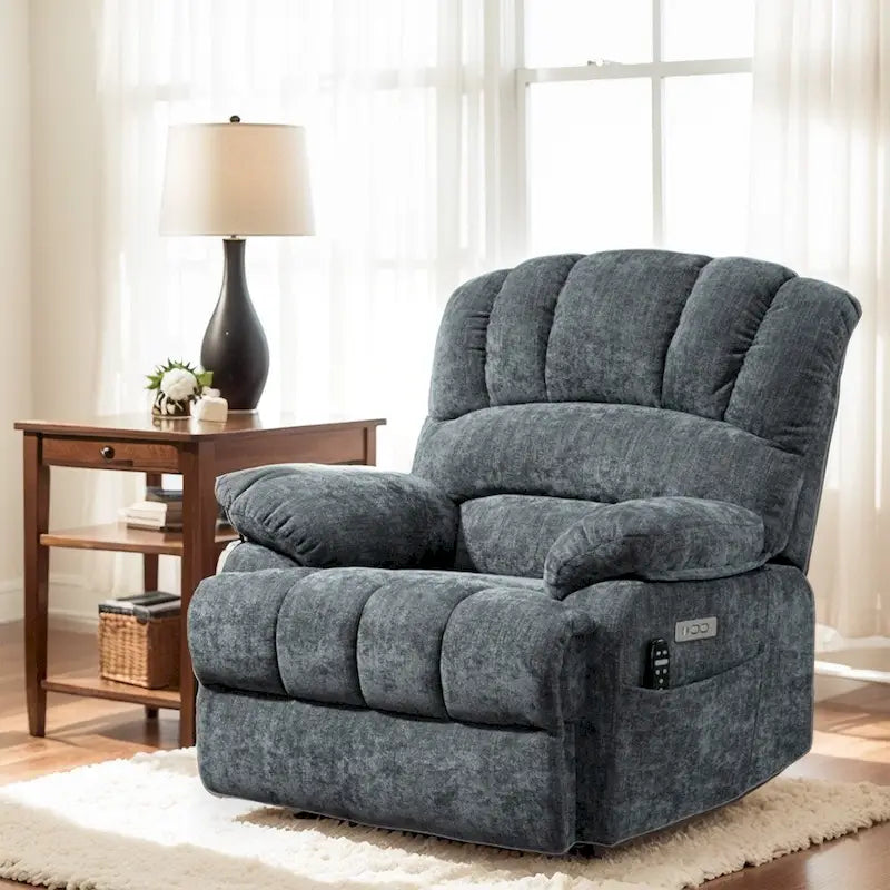 Fauteuil inclinable électrique grand format en chenille avec massage, chauffage, port USB et poches.